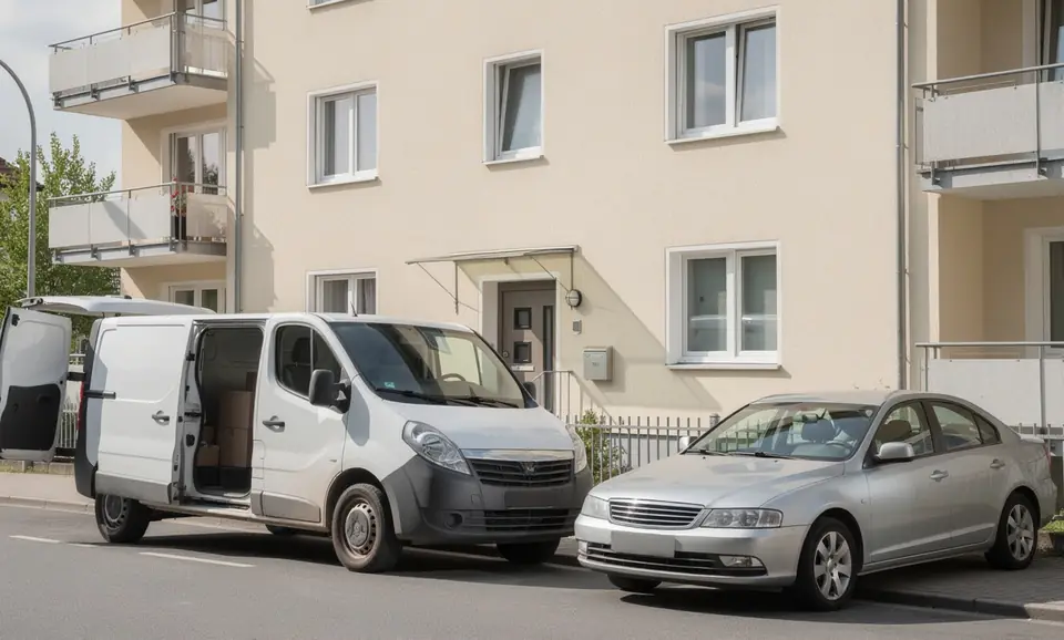 Autoankauf Essen mit Abholung: Transporter und Fahrzeug vor einem Mehrfamilienhaus (Illustration)