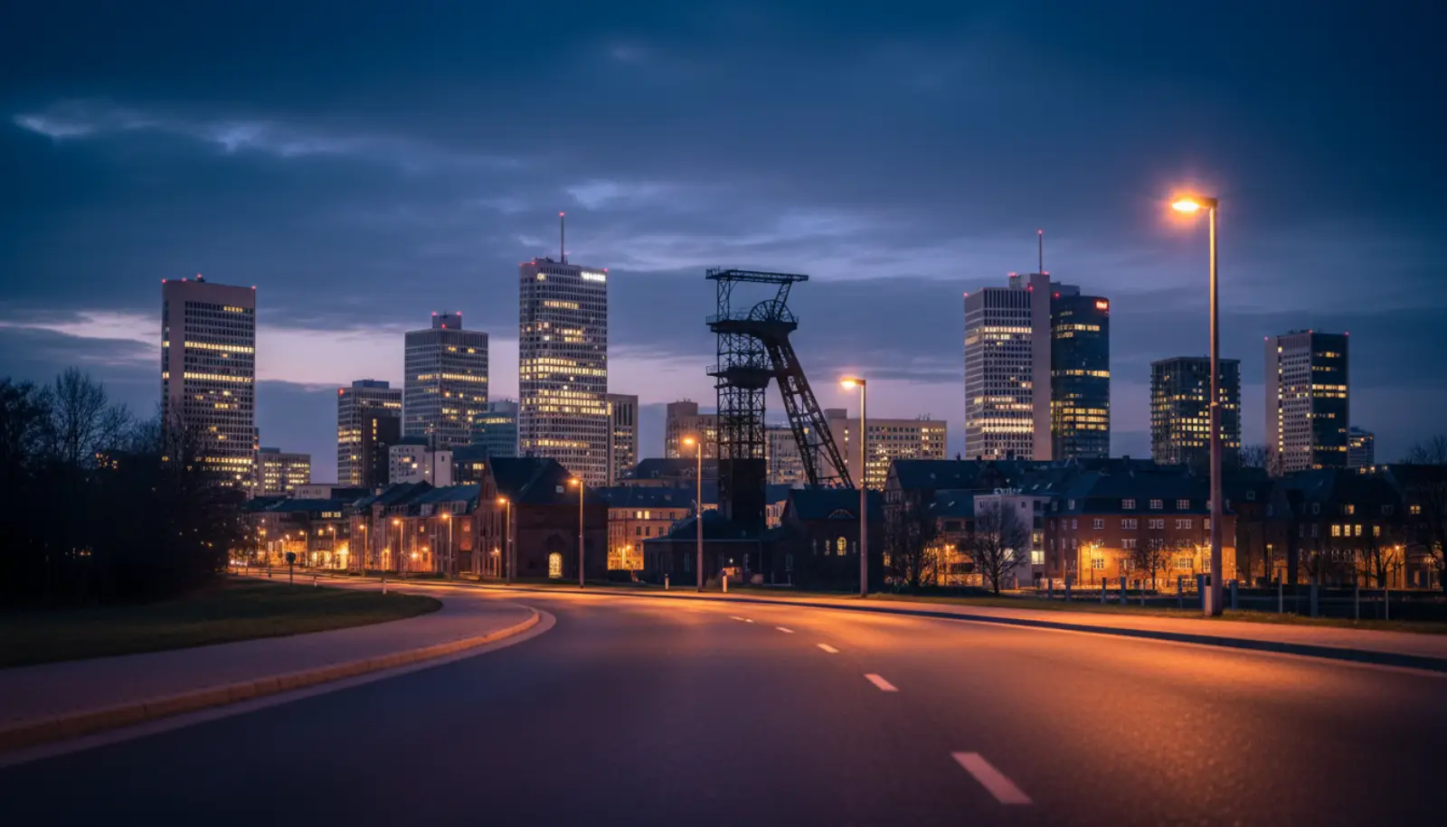 Abendstimmung über der Essener Skyline mit dem Doppelbock-Fördergerüst der Zeche Zollverein