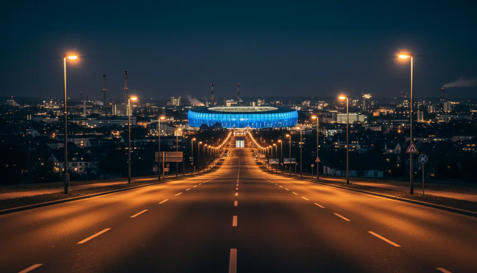 Das Gelsenkirchener Stadion in der Dämmerung mit beleuchteter Außenfassade