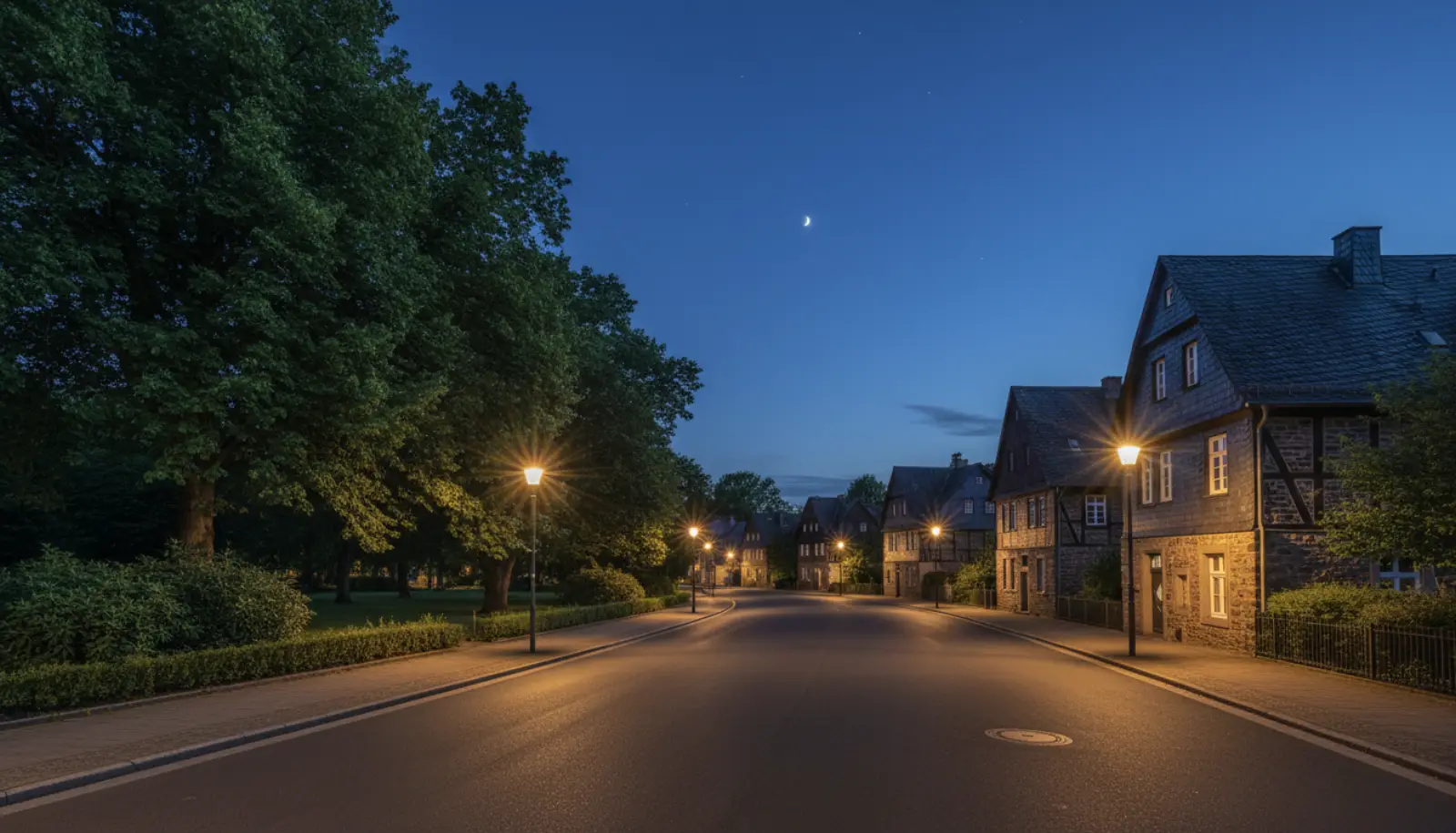 Ruhige Wohnstraße in Herne mit Backsteinhäusern einer alten Zechensiedlung und grünem Park im Hintergrund