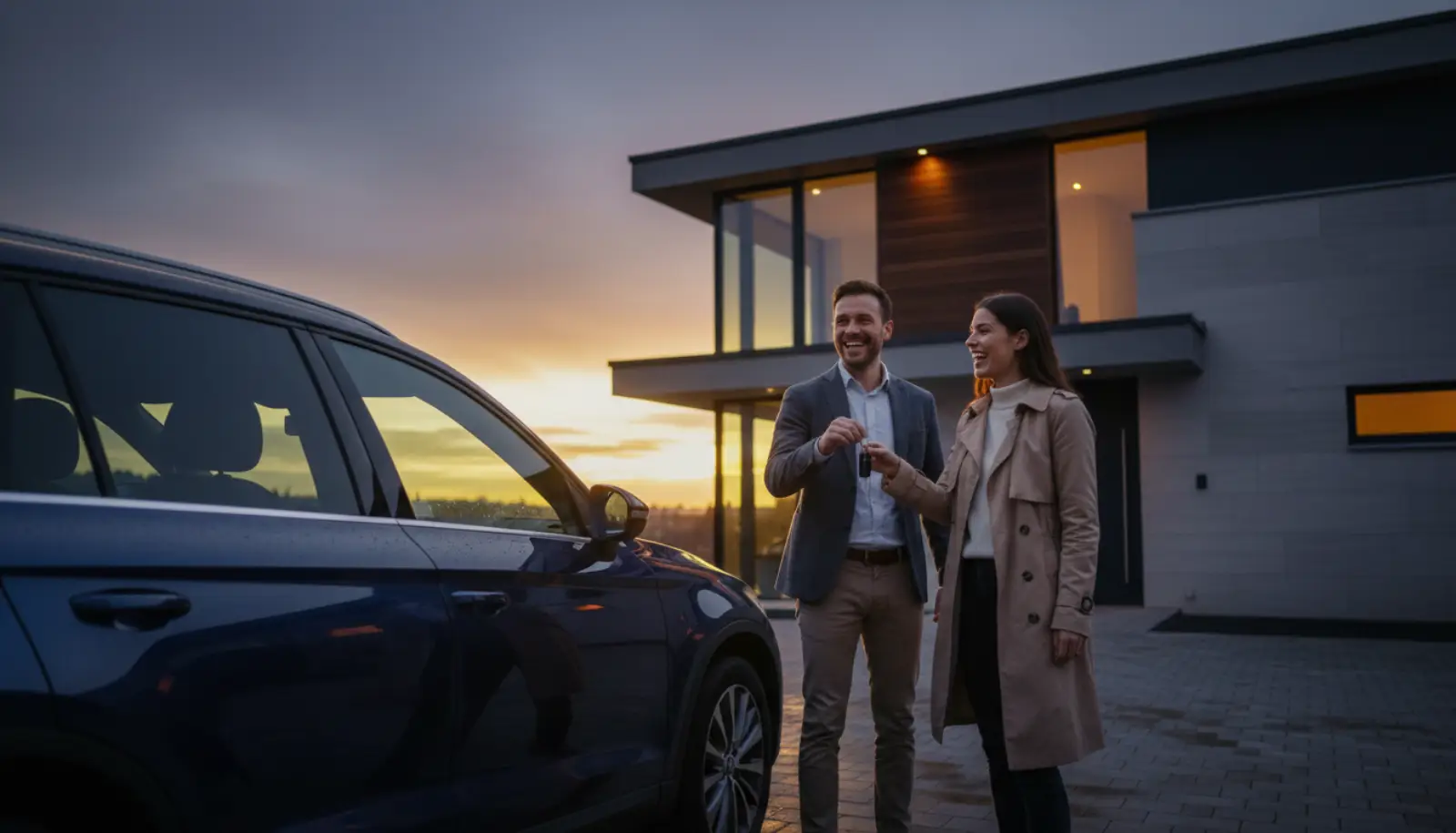 Schlüsselübergabe beim Autoverkauf vor einem Wohnhaus im Ruhrgebiet